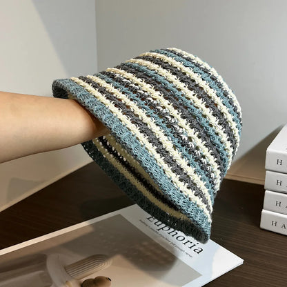 Women Summer Bucket Hat Hollow Out Knitted Fisherman Caps