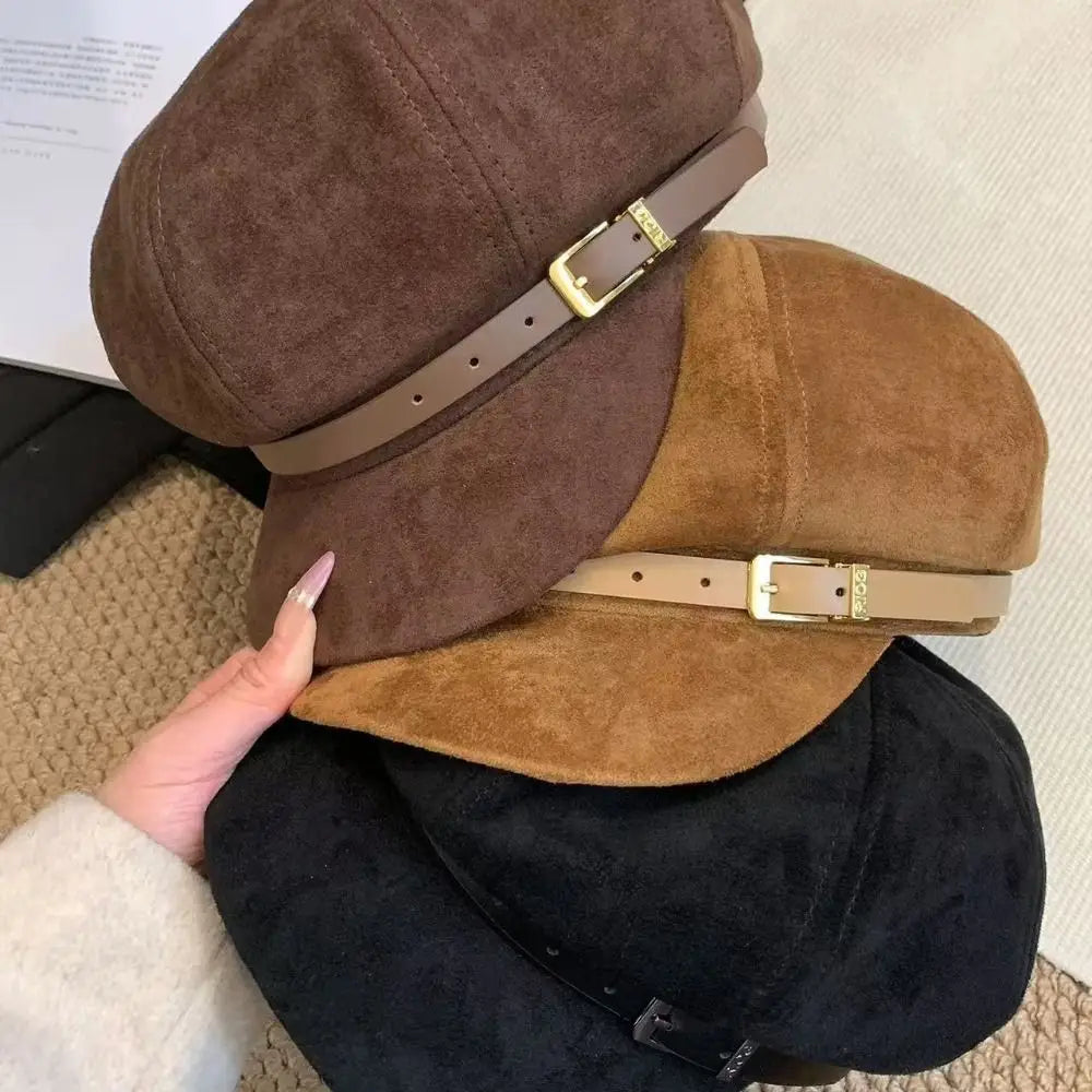 Fashion British Style Pu Leather Beret Belt Buckle Retro Suede Octagonal Hat