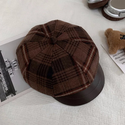 Plaid Wool Newsboy Cap With Leather Trim Trendy Women Beret Hat