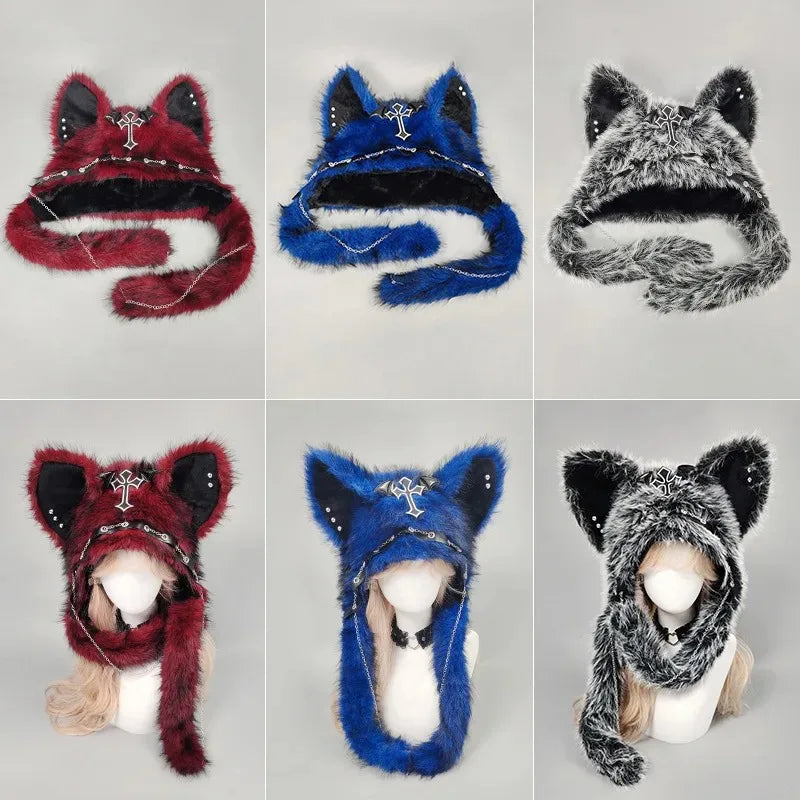Y2K Dark Series Gothic Plush Winter Hat Spicy Girl Cat Ear Hat