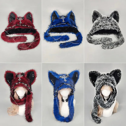 Y2K Dark Series Gothic Plush Winter Hat Spicy Girl Cat Ear Hat
