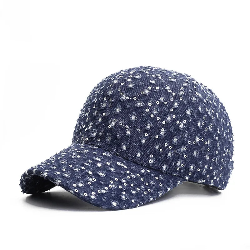 New Fashion Women Sequin Hat Denim Perforated Baseball Cap