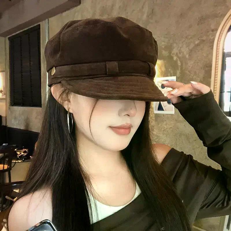 Retro Suede Beret Hat For Women Flat Top Newsboy Cap