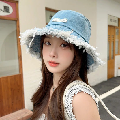 New Summer Logo Blue Washed Denim Large Bucket Hat
