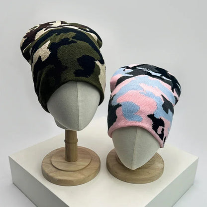 New European Style Camouflage Color Block Knitted Hats