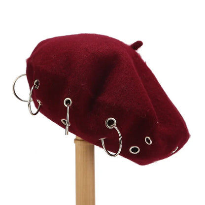 Personality Punk Style Beret Hat With Circular Hollow Rivet, Y2k Newsboy Caps