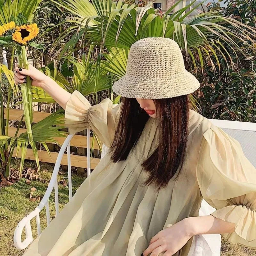 Breathable Straw Fisherman Hat Foldable Solid Color Bucket Hat Summer