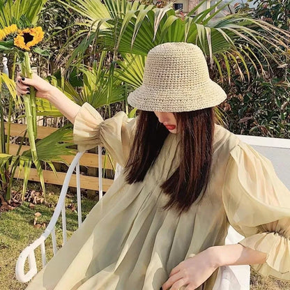 Breathable Straw Fisherman Hat Foldable Solid Color Bucket Hat Summer