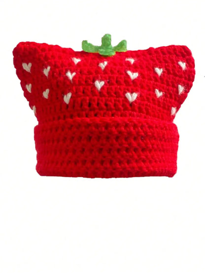 Women's Cartoon Red Strawberry Fisherman's Hat, Bohemian Hand-Crocheted Hat