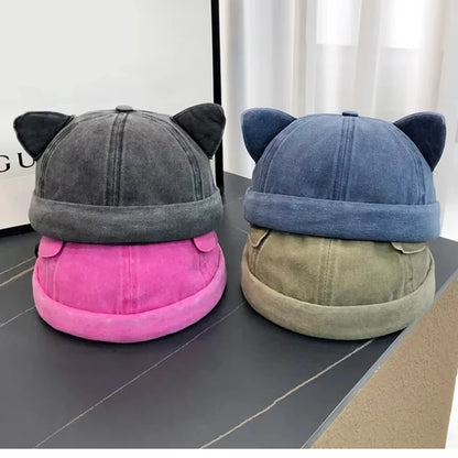 Cute Sweet Cat Ears Brimless Hat Personality Casual Solid Color Beanie Hat Cotton