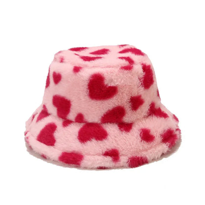 Winter Heart Print Faux Fur Fluffy Bucket Hat Women Outdoor