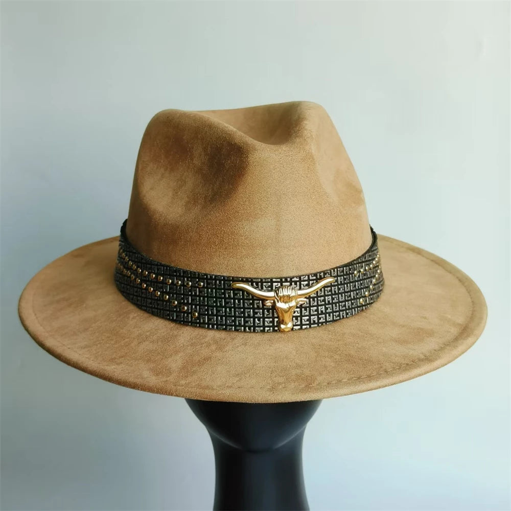 Retro Suede Fedora With Belt Men Western Jazz Hat Vegan Suede Top Hat