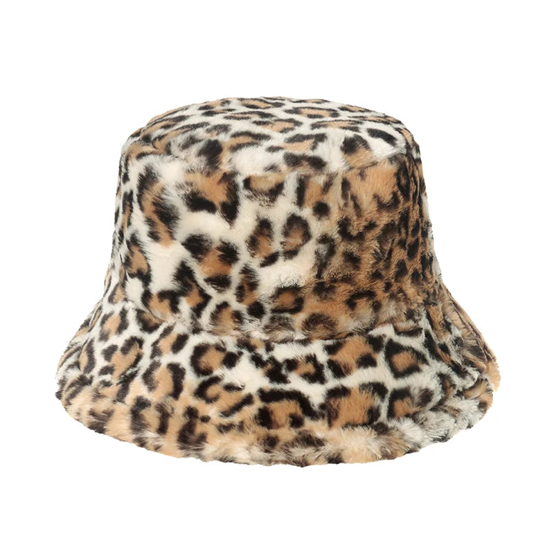 Winter Bucket Hat Women's Fashion Leopard Panama Warm Hats Female Vintage