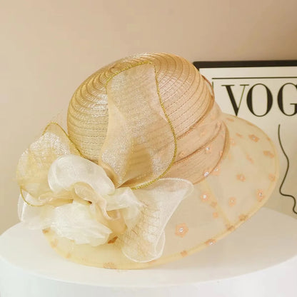 Fashion Hat Women Top Hat Elegant Organza Flower Wide Brim Sun Hat