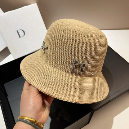 New Designer Raffia Straw Bucket Hat Women Beach Hat Female Korean Travel Sun Protection Breathable Fisherman Hat
