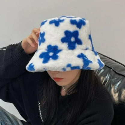 New Floral Plush Bucket Hat Women Fur Fisherman Cap