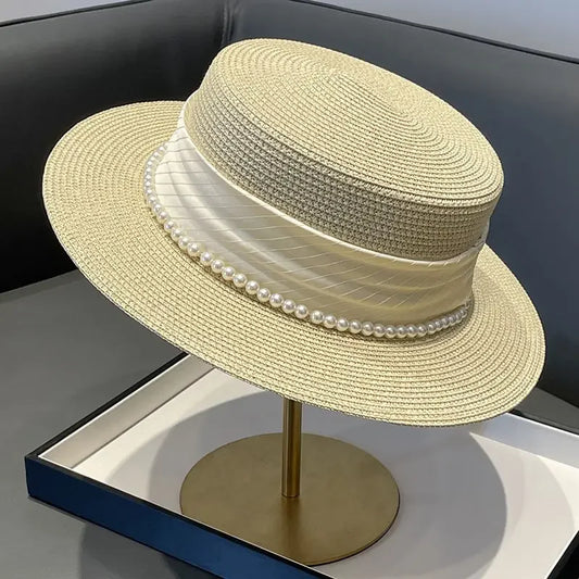 2025 Summer Elegant Pearl Chain Flat Sun Hats