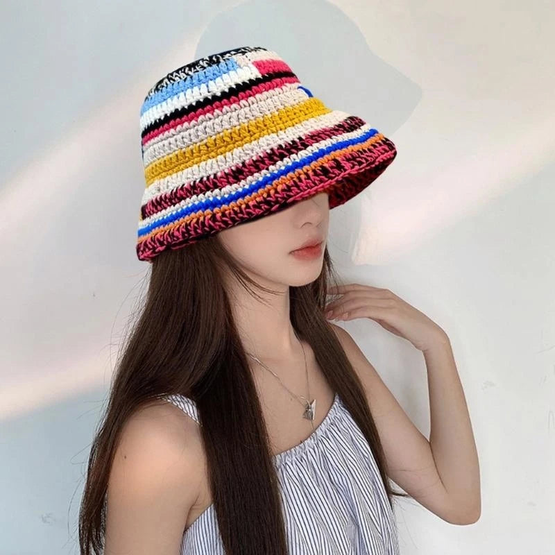 Ladies Crochet Stripe Pattern Fisherman Hat Wide Brim Bucket Hat