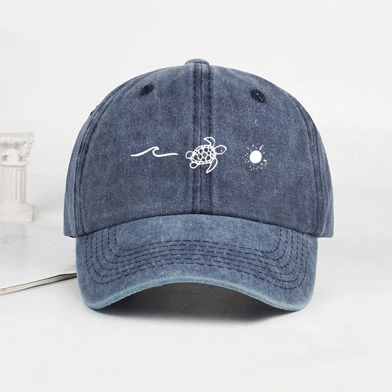 Retro Washed Baseball Cap With Wave Turtle and Sun Print Unisex Adjustable Dad Cap Summer Beach Sun Hat