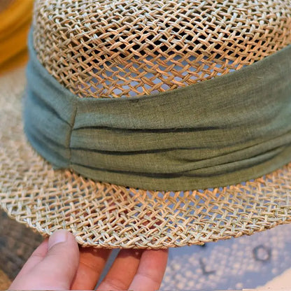 French British Retro Seaweed Woven Hollow Straw Top Hat