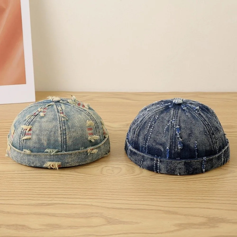 Broken Denim Docker Cap Frayed Edges Graffiti Print Distressed Denim Hat