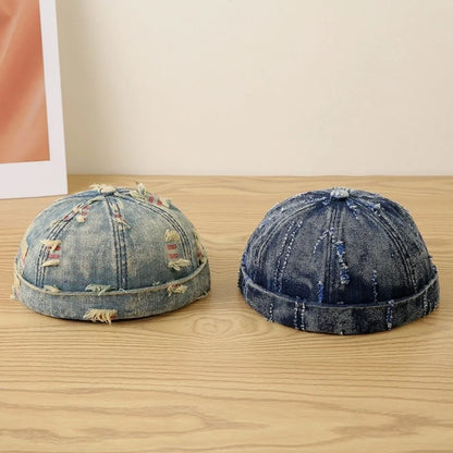 Broken Denim Docker Cap Frayed Edges Graffiti Print Distressed Denim Hat