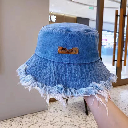Fashion Tassel Washed Denim Bucket Hats Spring Summer Wide Brim Panama Cap Women