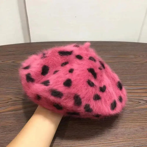 Beret Women Rabbit Fur Spotted Leopard Beret Sherlock Hat