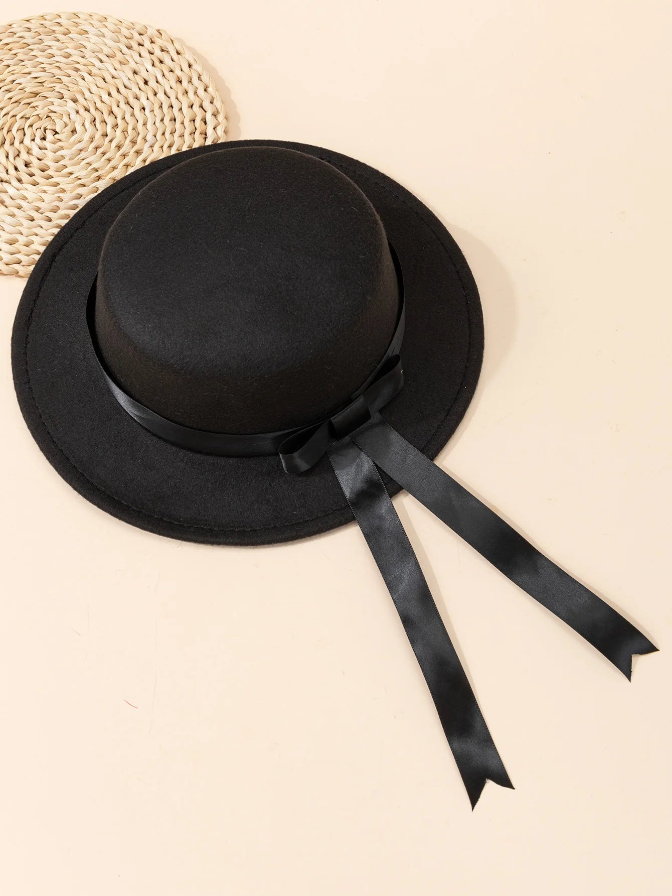 Elegant Flat Top Flat Edge Woolen Academy Style Bowtie Ribbon Hat