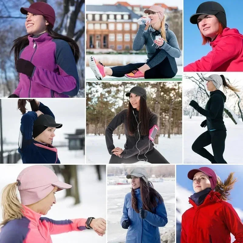 Women's Winter Reflective Fleece Ponytail Hat with Drop Down Ear Warmer Hat Baseball Cap