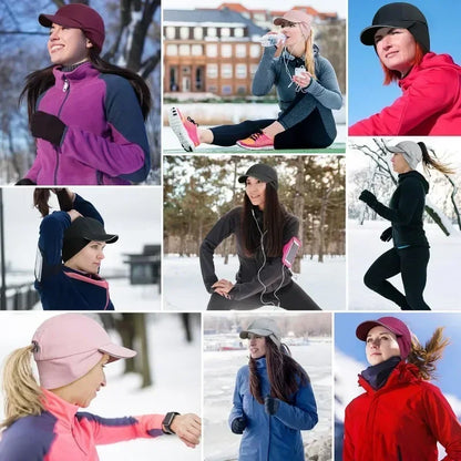 Women's Winter Reflective Fleece Ponytail Hat with Drop Down Ear Warmer Hat Baseball Cap