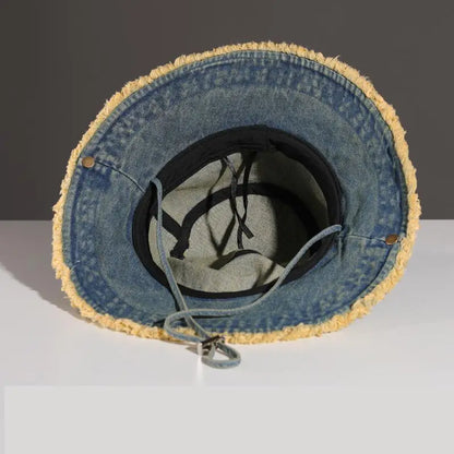 Unisex Washed Denim Bucket Hat Soft Foldable Tassel Brim Sun Hat