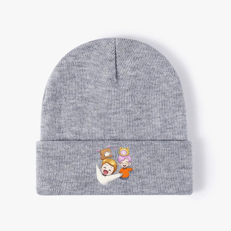 Cute Cartoon Friends Black Ribbed Knit Beanie Hat