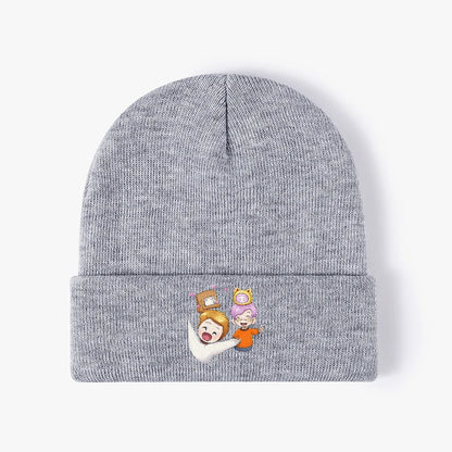 Cute Cartoon Friends Black Ribbed Knit Beanie Hat