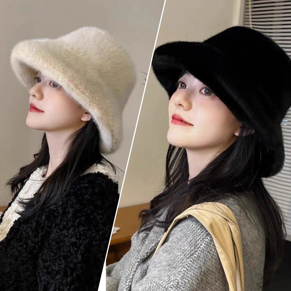 Fluffy Fur Fisherman Hat For Women Winter Cap Windproof Warm Female Bucket Hat