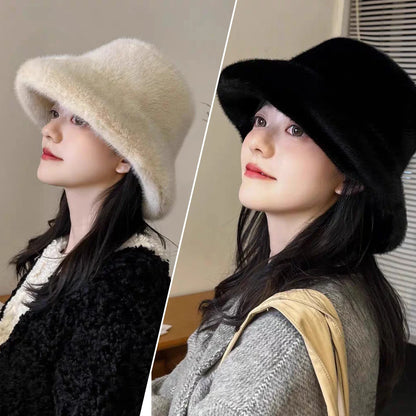 Fluffy Fur Fisherman Hat For Women Winter Cap Windproof Warm Female Bucket Hat