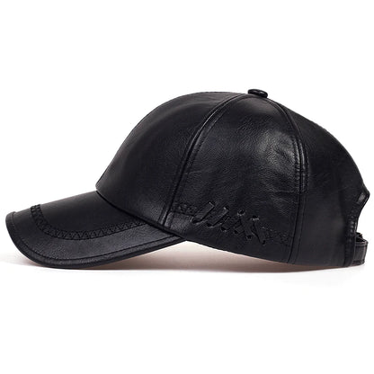 Fashion Solid Winter Leather Baseball Cap Men Autumn Warm Black Caps