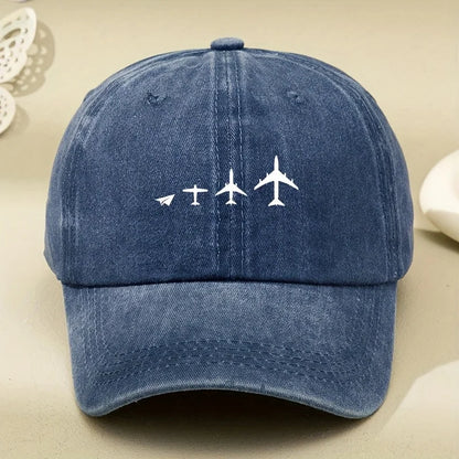 Retro Airplane Print Washed Baseball Cap for Both Men and Women