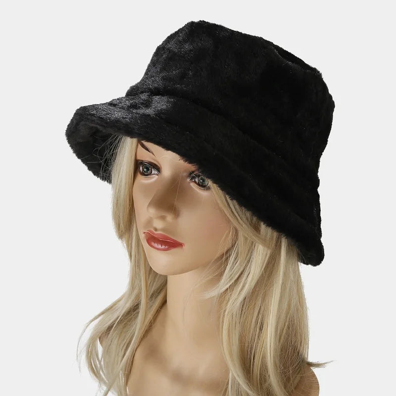 Faux Rabbit Fur Bucket Hat Lady Winter Warm Soft Panama Hat