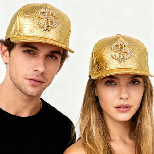 Gold Print Flat Brim Baseball Cap, West Coast Hip Hop