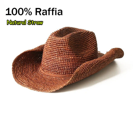 Hand-Crocheted Natural Raffia Straw Western Cowboy Hat