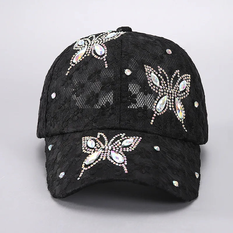 Summer Lace Flowers Baseball Caps For Women Butterfly Rhinestone