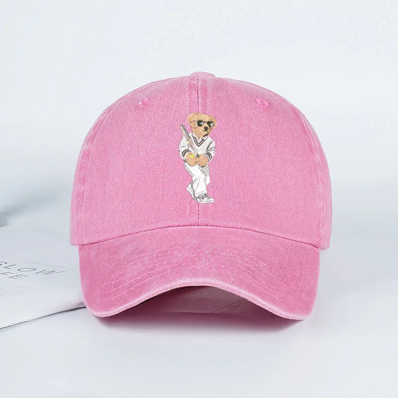 Classic Baseball Bear Print Washed Baseball Cap