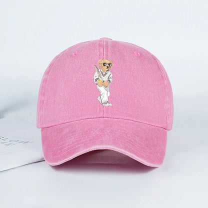 Classic Baseball Bear Print Washed Baseball Cap