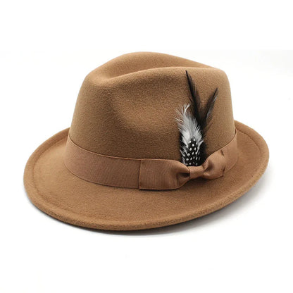 Men's Fedora Hat Felt Feather Decor Western Style Soft Brim Gentleman