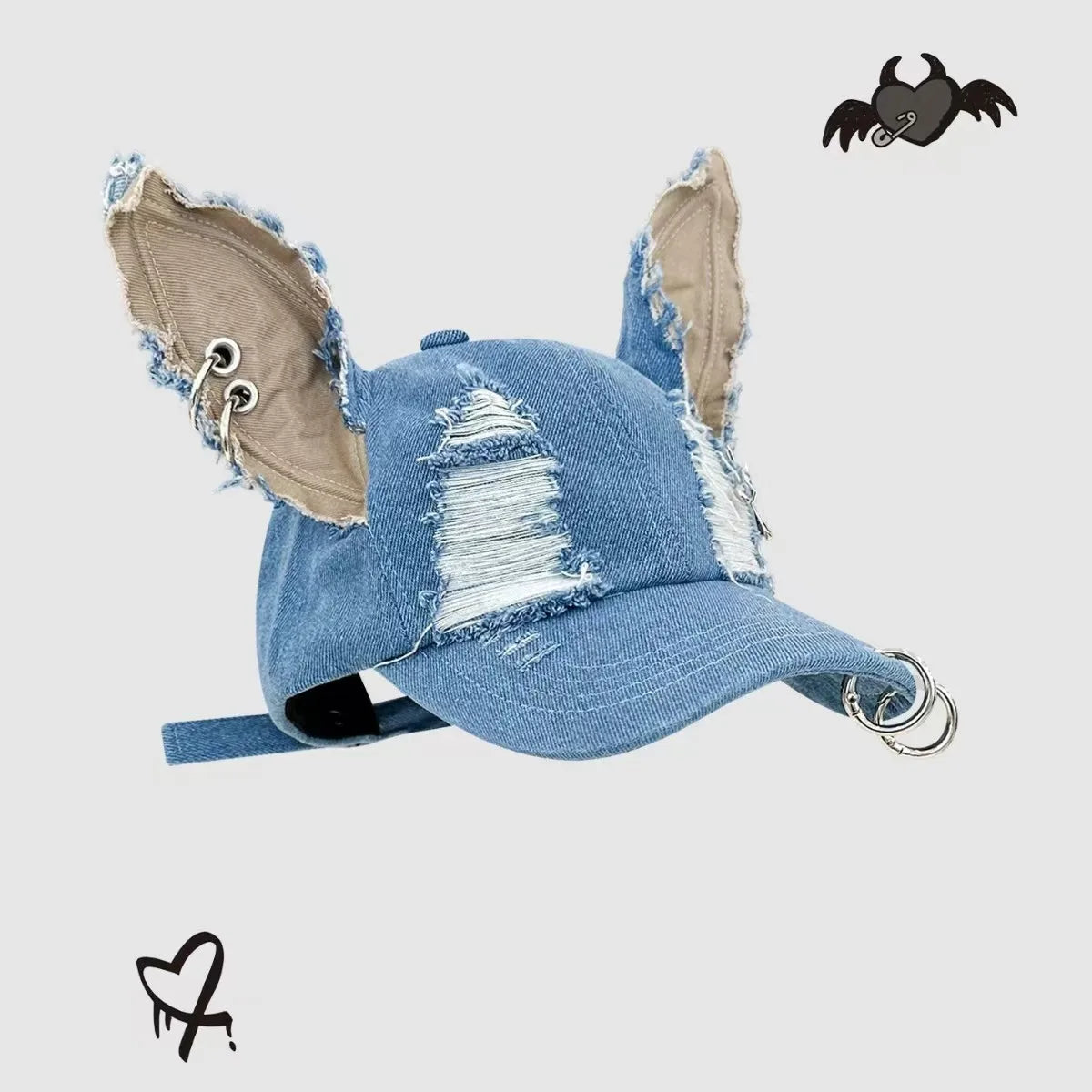 2026 New Y2k Rabbit Ears Denim Ripped Baseball Cap