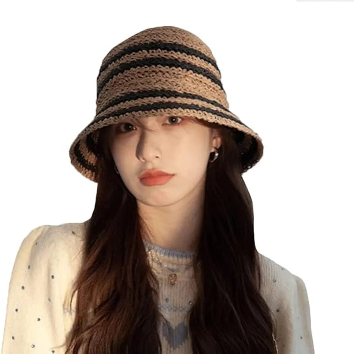 Woven Straw Hat Women Summer Strip Sunshade Bucket Hat