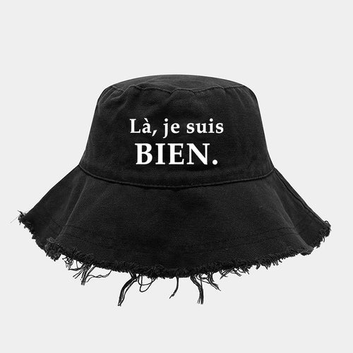 La Je Suis Bien Printed Bucket Hat Women Frayed Raw Hem Denim