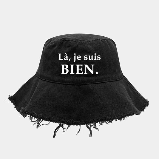 La Je Suis Bien Printed Bucket Hat Women Frayed Raw Hem Denim