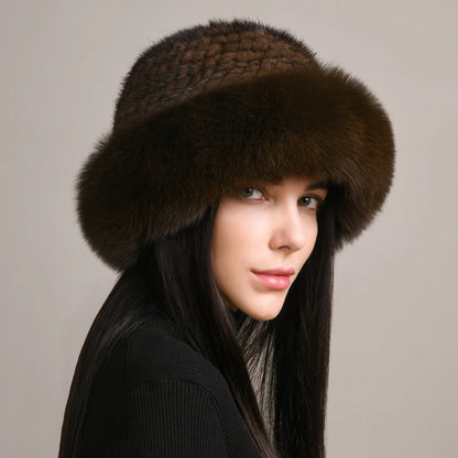 New Genuine Real Natural Knitted Mink Fur Hat Cap Real Fox Fur Beanies